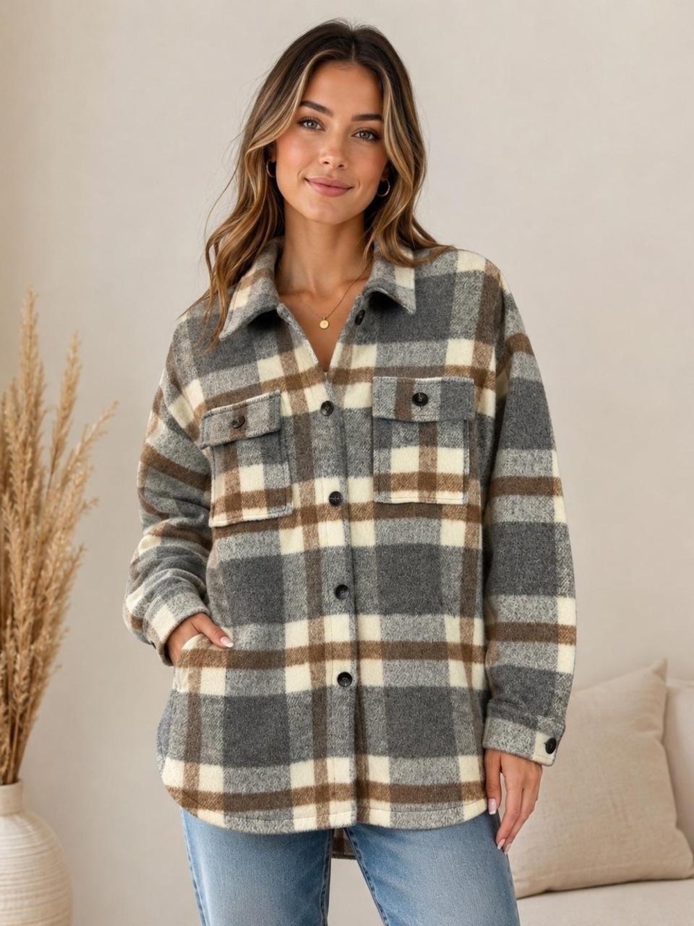 Plaid Shacket Jacket in Gray & Brown
